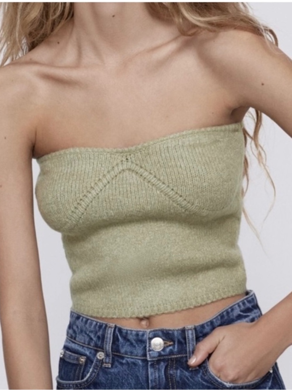 Zara Strapless Knit Tube Top in Sage. Rave. Fall. Cozy. Elegant. Minimalist. L